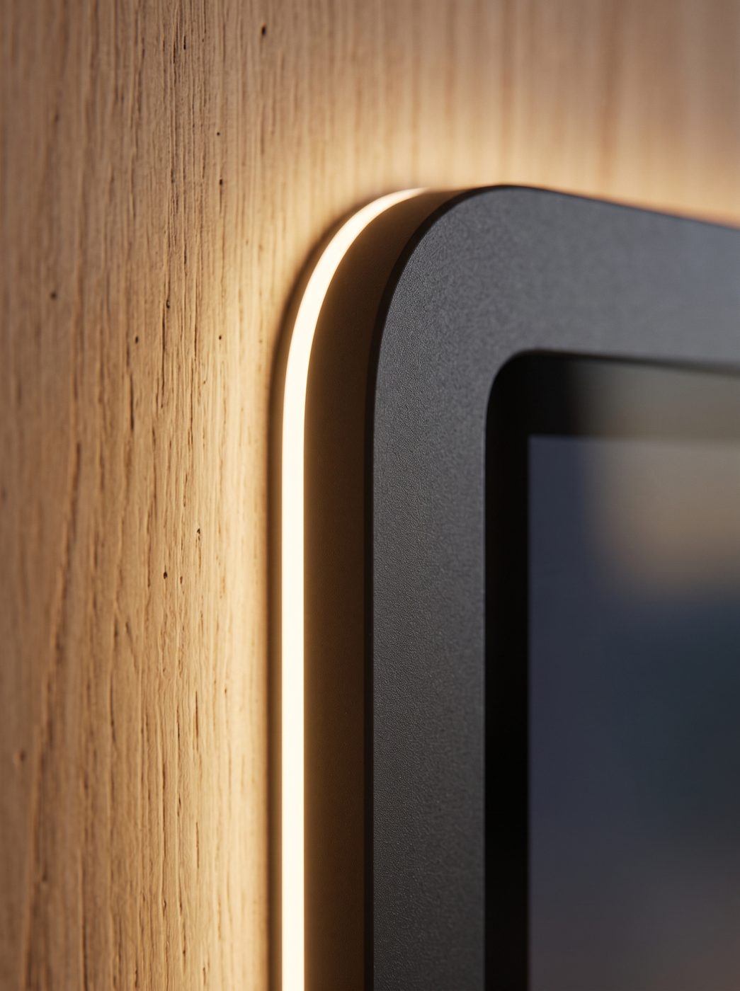Close-up of the panel's matte edge and the recessed light channel on the wall