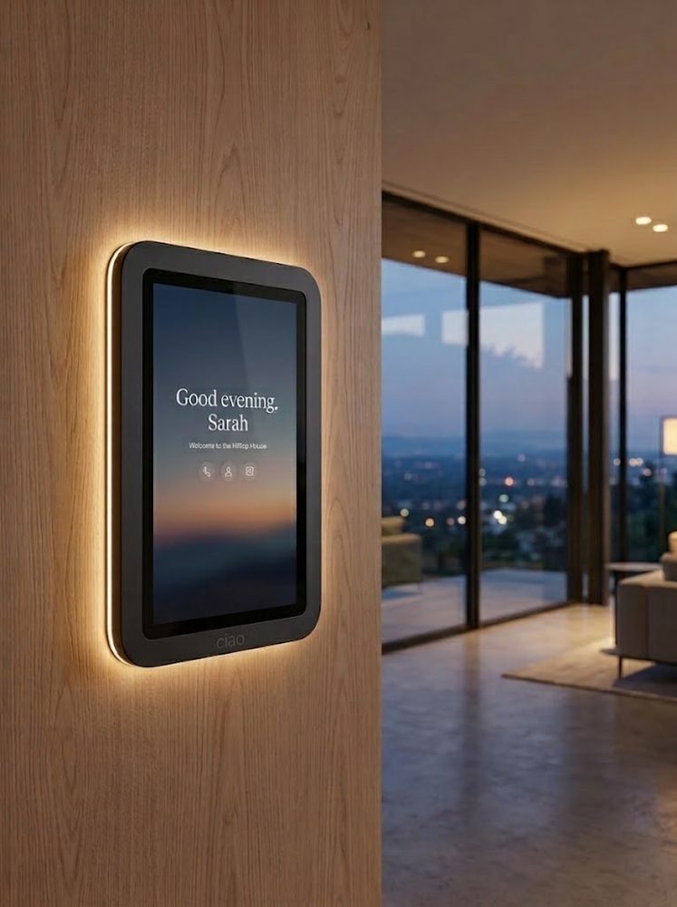 The Ciao panel on an oak wall at dusk, screen reading 'Good evening, Sarah', a warm halo of light on the wall around it