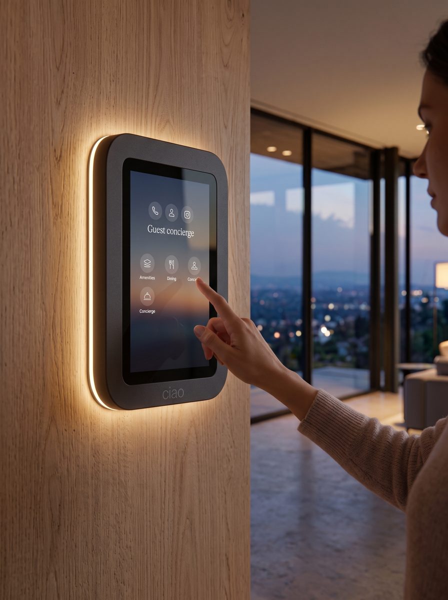 A guest's hand reaching for the panel as the halo brightens